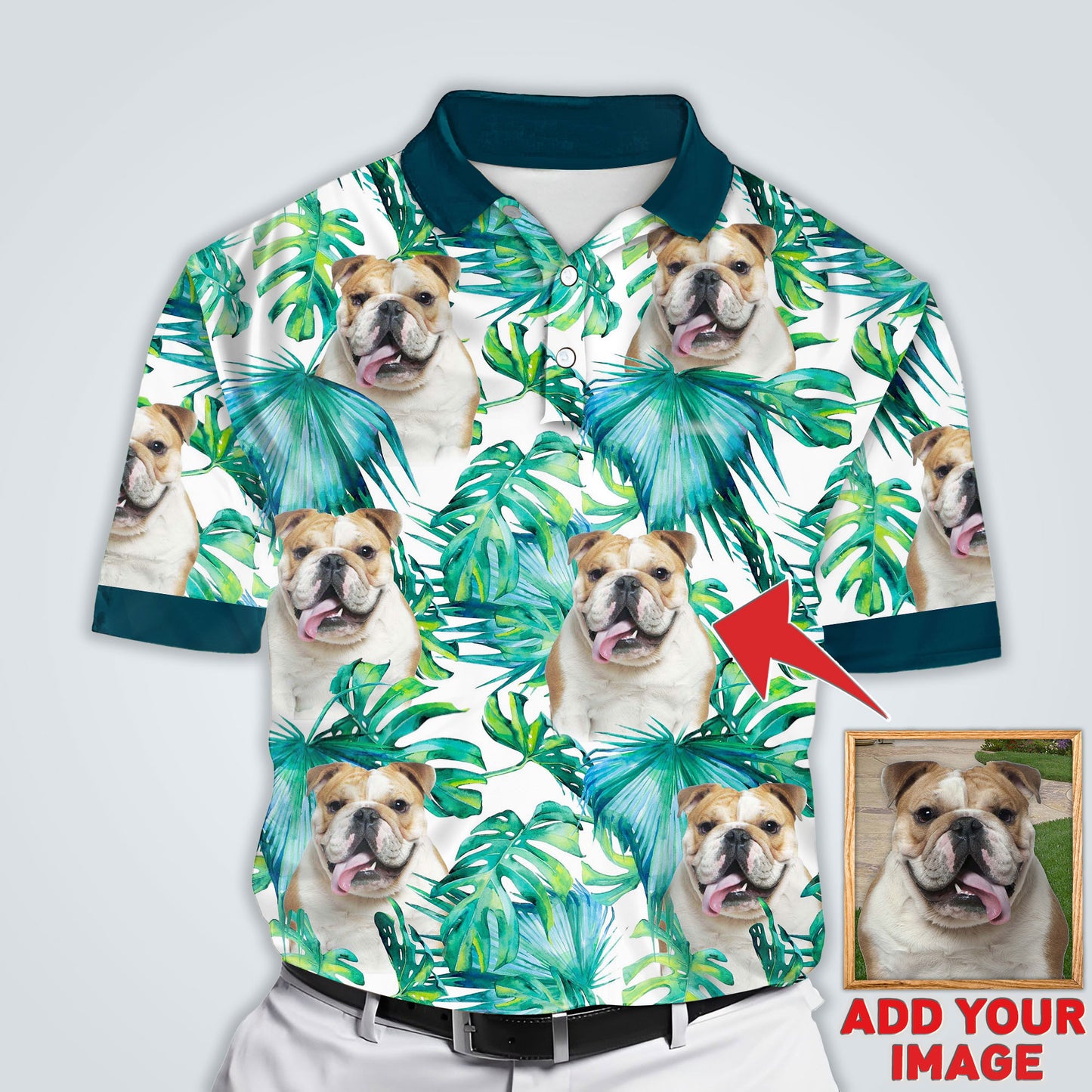 Custom Polo Shirt With Dog Face | Personalized Gift For Dog Dad | Green Leaves Pattern Men Polo Shirt