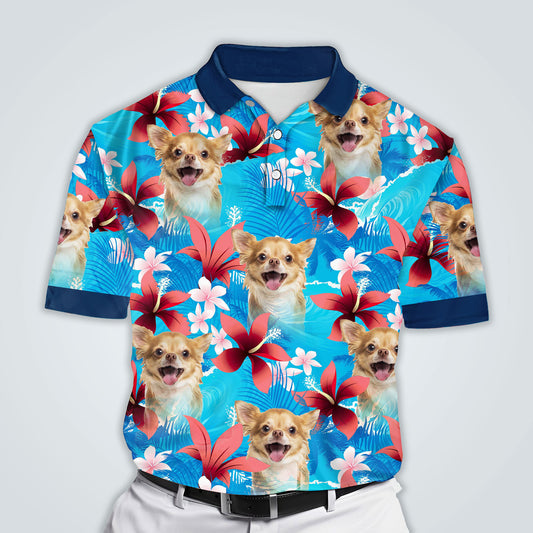 Polo personnalisé avec visage de chien | Cadeau personnalisé pour papa chien | Polo Homme Motif Feuilles et Fleurs Bleues