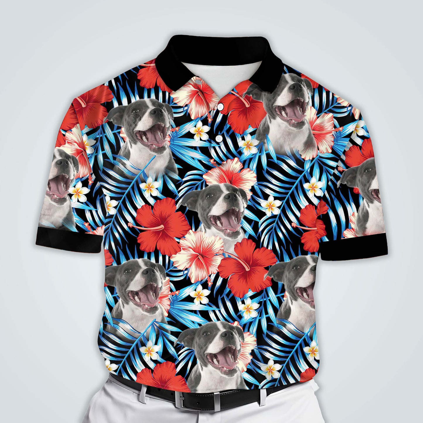 Custom Polo Shirt With Dog Face | Personalized Gift For Dog Dad | Blue & Red Leaves & Flowers Pattern Men Polo Shirt