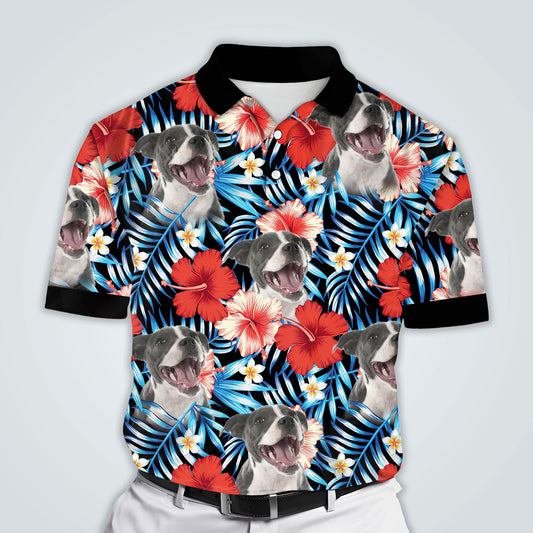 Polo personnalisé avec visage de chien | Cadeau personnalisé pour papa chien | Polo homme à motif de feuilles et de fleurs bleu et rouge
