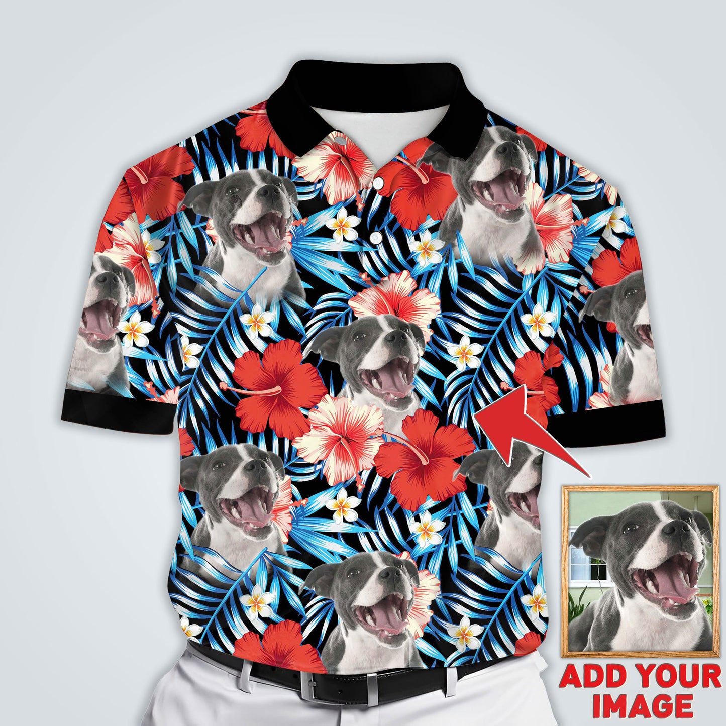 Custom Polo Shirt With Dog Face | Personalized Gift For Dog Dad | Blue & Red Leaves & Flowers Pattern Men Polo Shirt