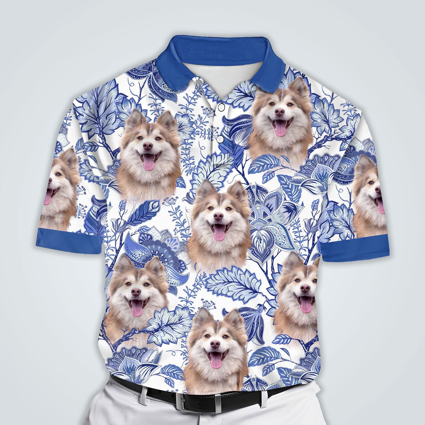 Polo personnalisé avec visage de chien | Cadeau personnalisé pour papa chien | Polo Homme Motif Feuilles et Fleurs Violettes