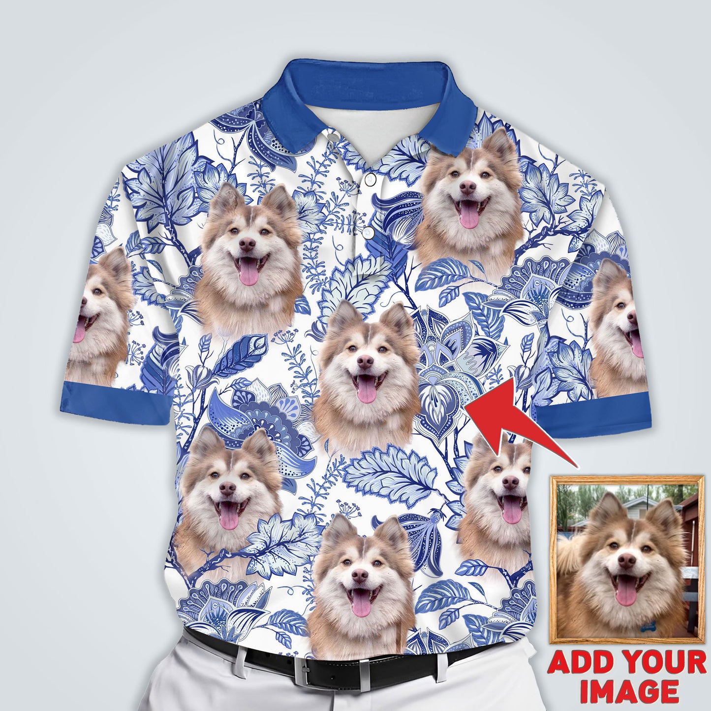 Polo personnalisé avec visage de chien | Cadeau personnalisé pour papa chien | Polo Homme Motif Feuilles et Fleurs Violettes