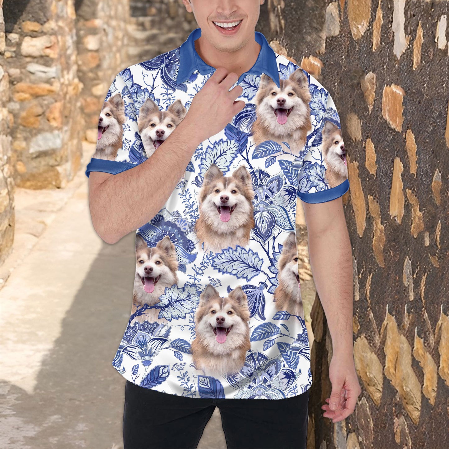 Polo personnalisé avec visage de chien | Cadeau personnalisé pour papa chien | Polo Homme Motif Feuilles et Fleurs Violettes