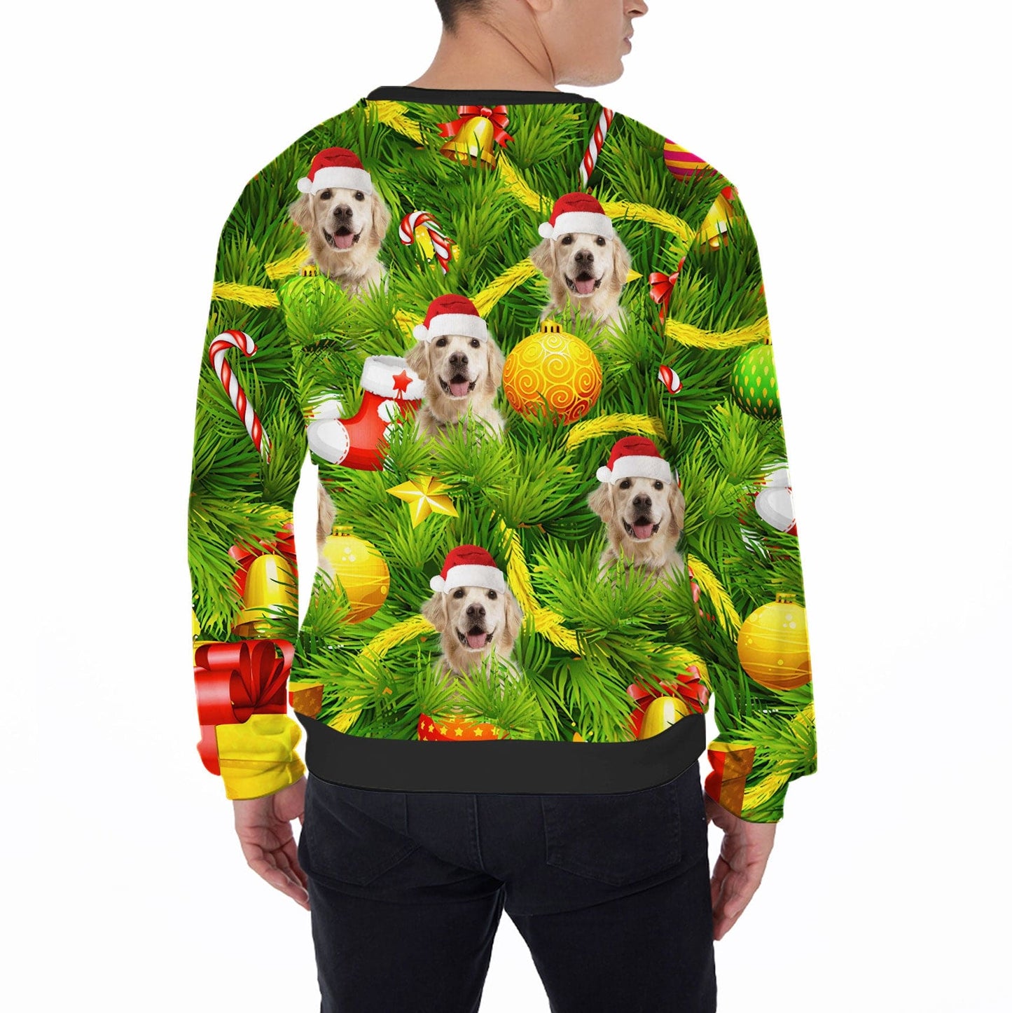 Pull laid imprimé sur toute la surface, arbre de Noël amusant et personnalisé (couleur verte)