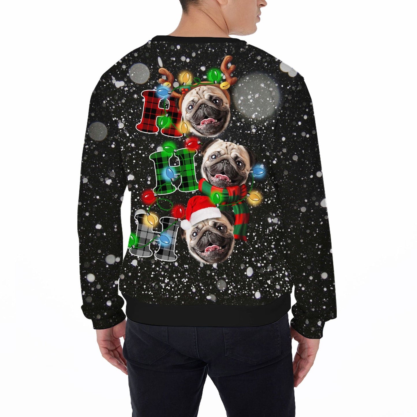 Pull laid imprimé sur toute la surface, lumière de Noël personnalisée Ho Ho Ho (couleur noire)