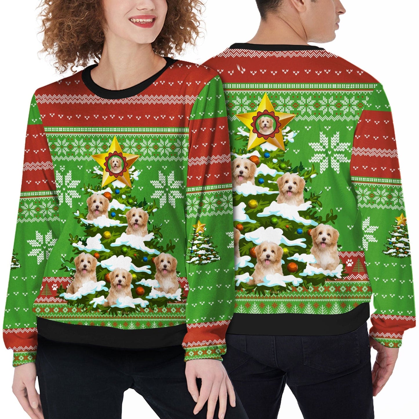 Pull laid imprimé sur toute la surface, arbre lumineux de Noël personnalisé et amusant (couleur verte et rouge)