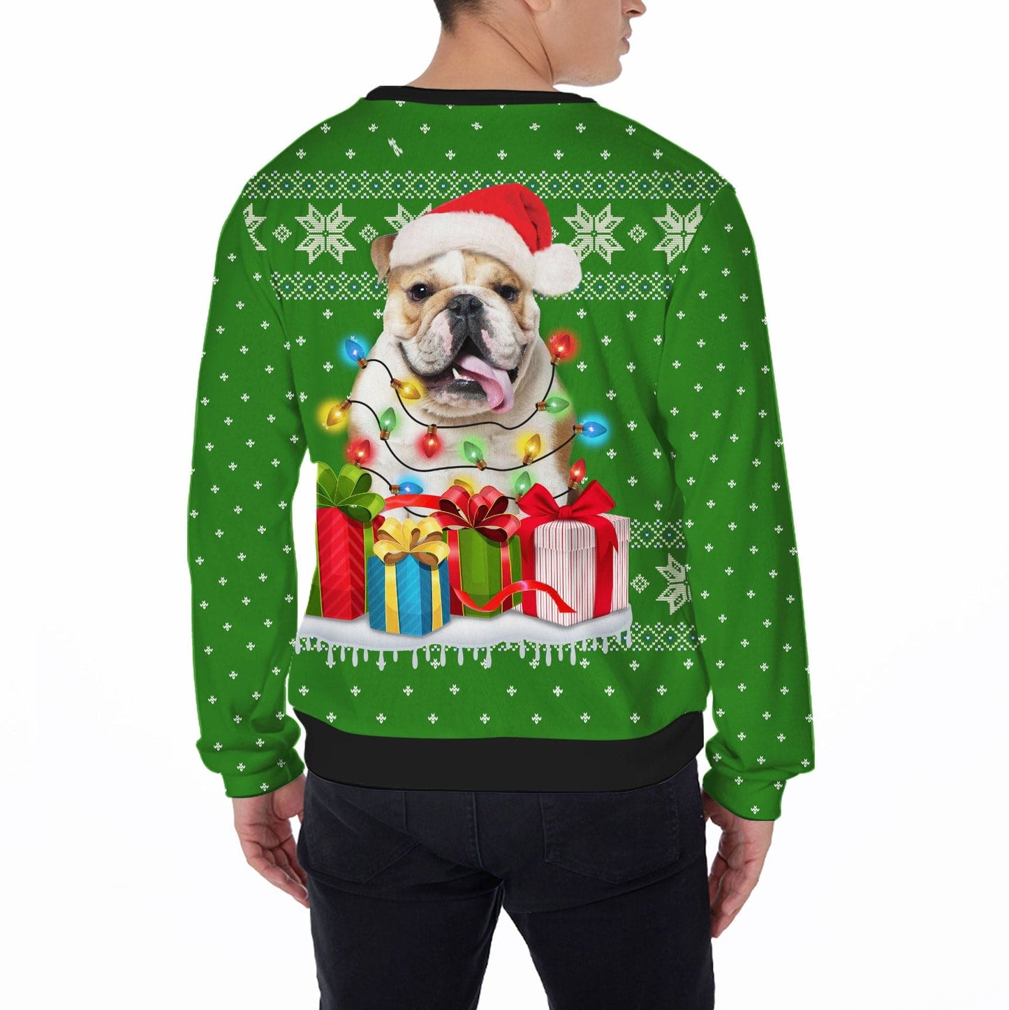 Pull laid imprimé sur toute la surface, lumière et cadeau de Noël amusants et personnalisés (couleur verte)