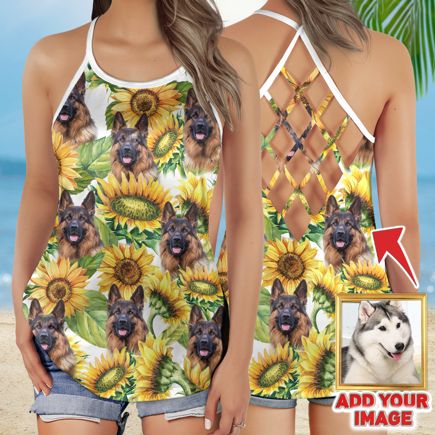 Custom Sunflower Criss Cross Open Back Tank Top