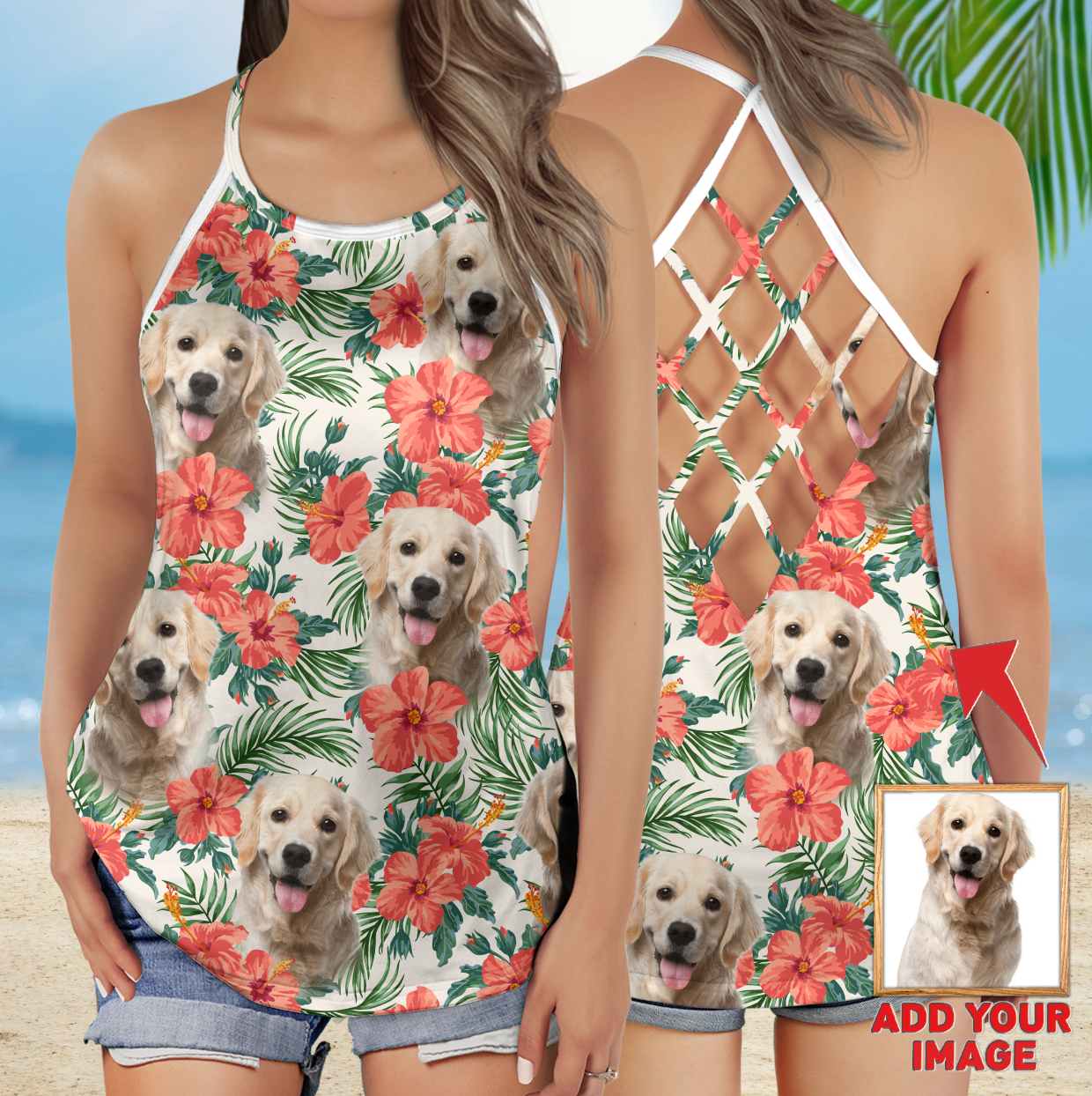Custom Summer Red Flower Leave Criss Cross Open Back Tank Top
