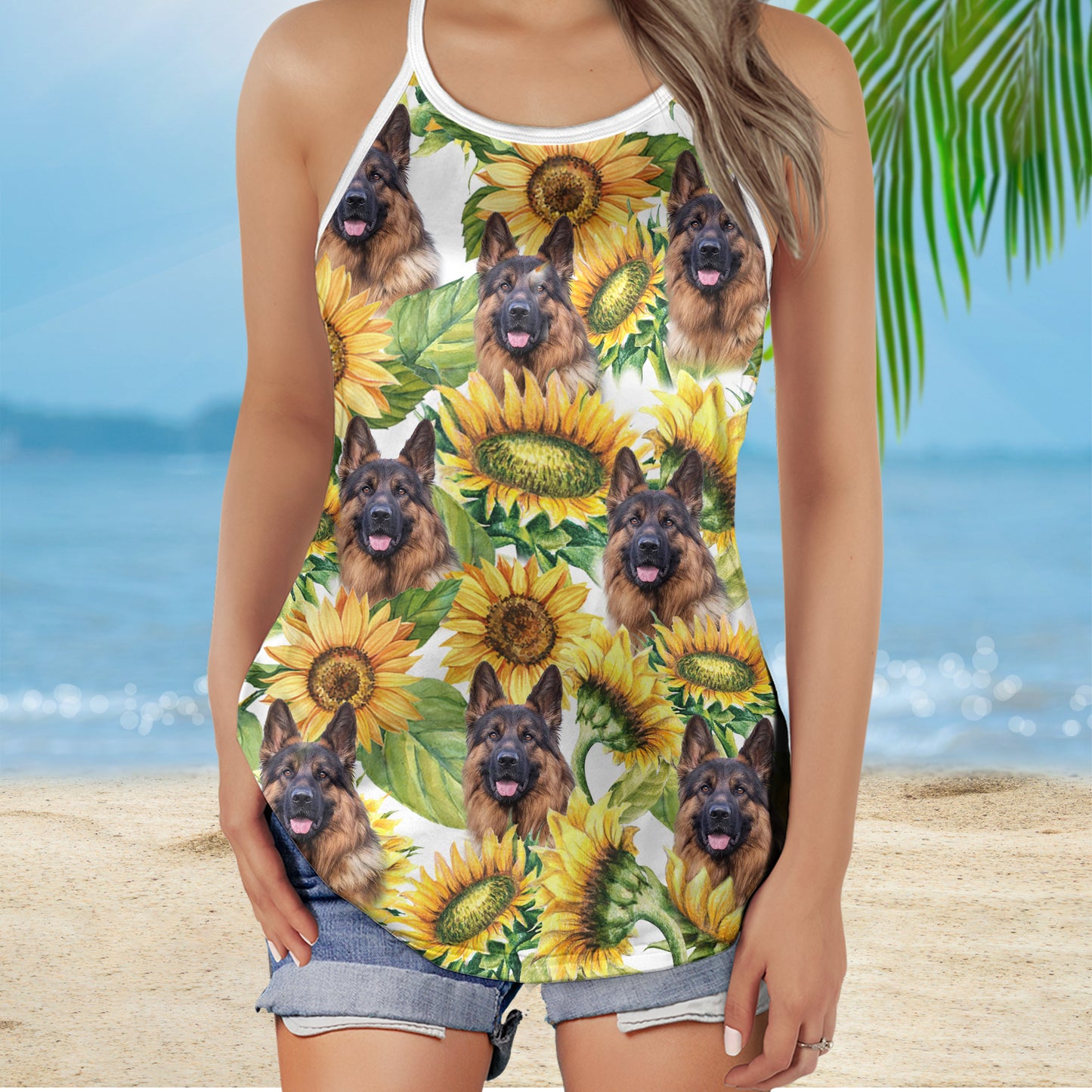Custom Sunflower Criss Cross Open Back Tank Top