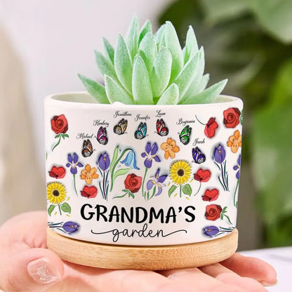 Family - Grandma's Garden, Mother's Day Gift, Custom Name Kids And Butterfly - Personalized Flower Pot