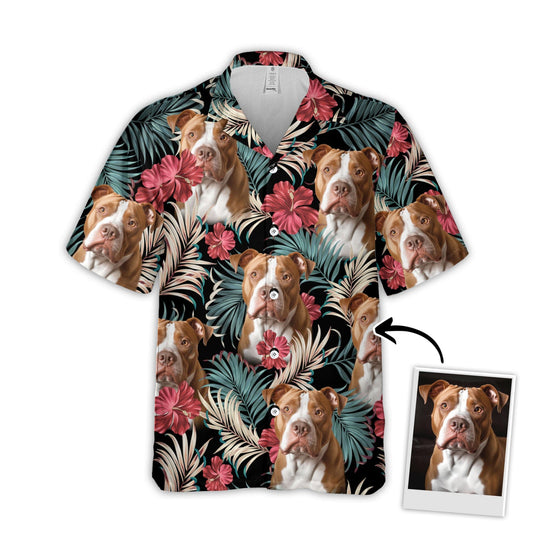 Custom Hawaiian Shirt With Pet Face | Personalized Gift For Pet Lovers | Vintage Beautiful Hibiscus and Palms Dark Emerald Color Aloha Shirt