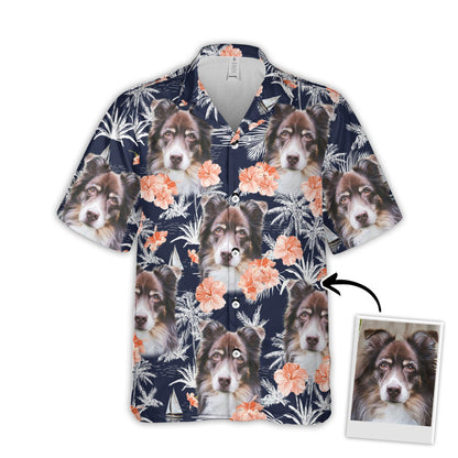 Custom Hawaiian Shirt With Pet Face | Personalized Gift For Pet Lovers | Orange Flower, Coconut, Palm Trees And Sailboat Dark Navy Color Aloha Shirt