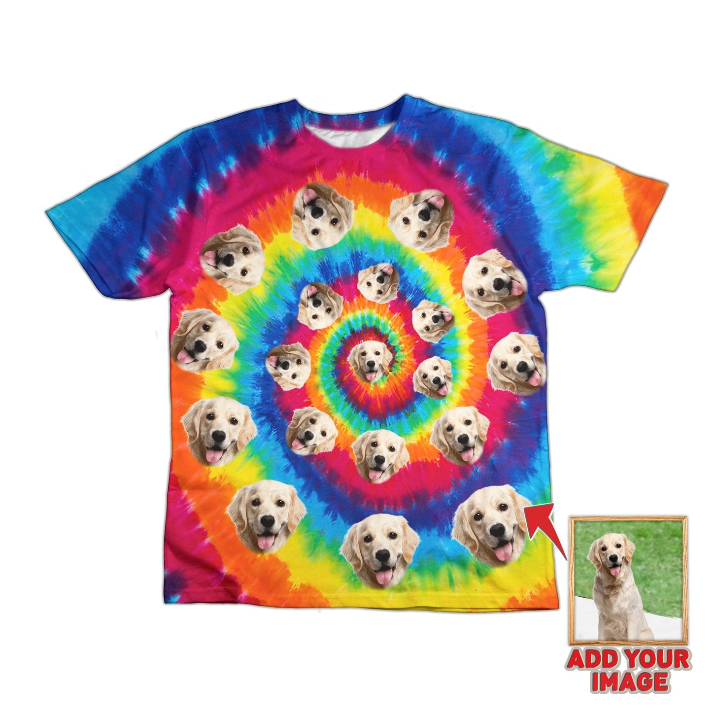 T-shirt pour animaux de compagnie personnalisé à teinture par nouage colorée en spirale partout imprimé