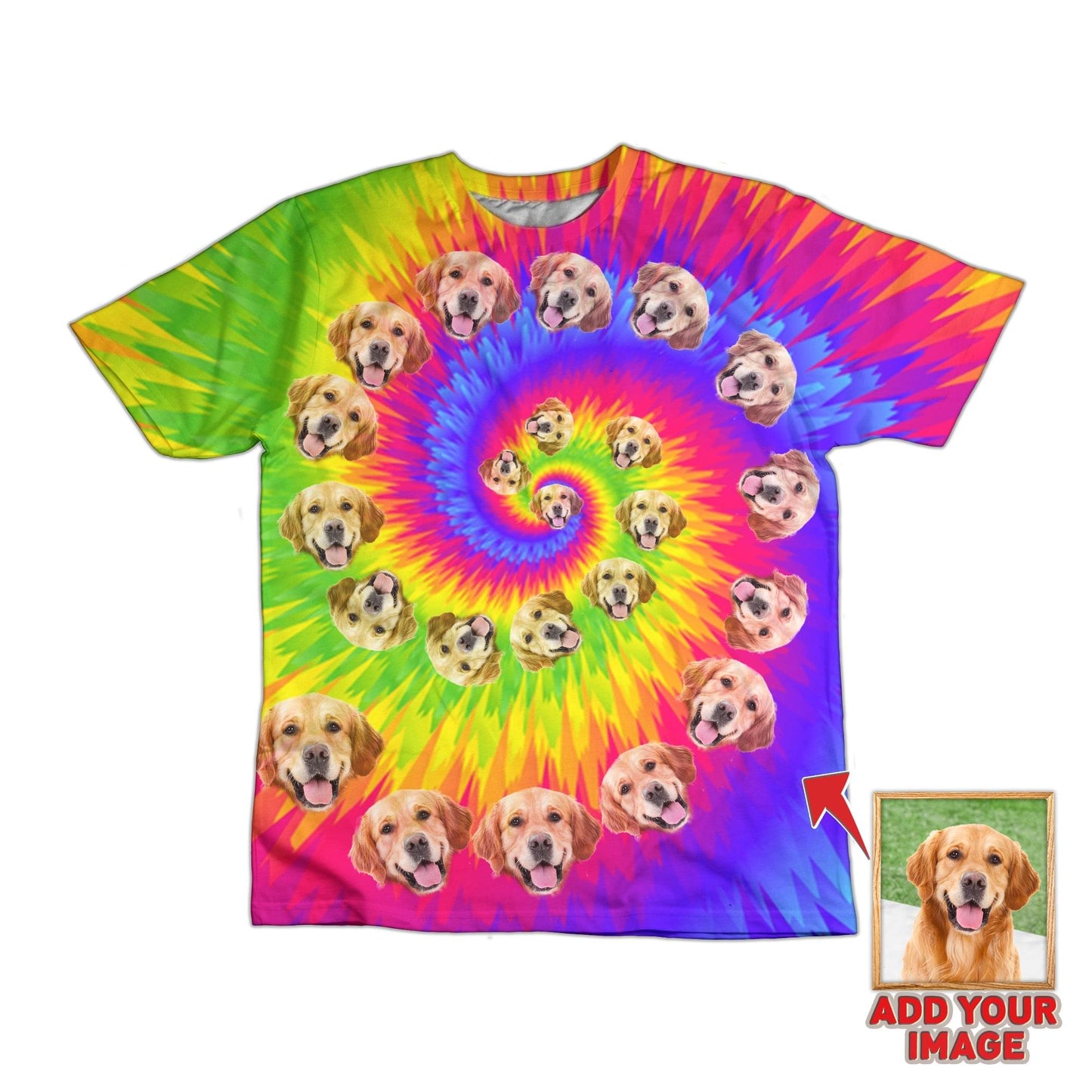 T-shirt pour animaux de compagnie personnalisé coloré arc-en-ciel Tie Dye imprimé partout