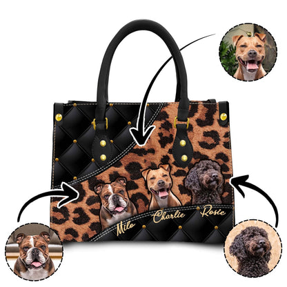 Sac à main en cuir personnalisé avec photo pour animaux de compagnie | Cadeau pour maman d’animal de compagnie | Tapisserie d'ameublement abstraite et style léopard couleur noir anthracite