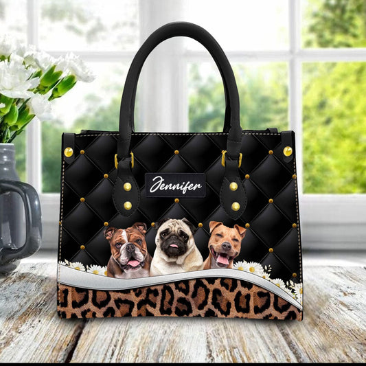 Custom Leather HandBag With Pet Photo | Gift For Pet Mom | Abstract Upholstery Daisy & Leopard Style Charcoal Black Color