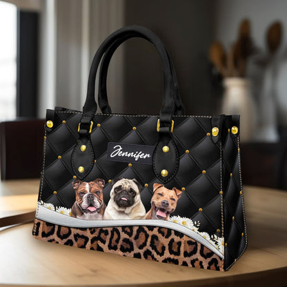 Custom Leather HandBag With Pet Photo | Gift For Pet Mom | Abstract Upholstery Daisy & Leopard Style Charcoal Black Color