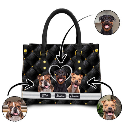 Custom Leather HandBag With Pet Photo | Gift For Pet Mom | Vintage Upholstery & Metal Heart Syle Matte Black Color