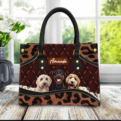 Custom Leather HandBag With Pet Photo | Gift For Pet Mom | Brown Upholstery Daisy & Leopard Style Mahogany Color