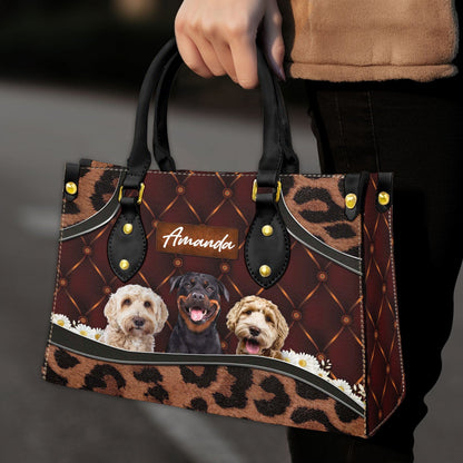 Custom Leather HandBag With Pet Photo | Gift For Pet Mom | Brown Upholstery Daisy & Leopard Style Mahogany Color