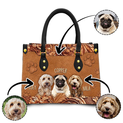 Custom Leather HandBag With Pet Photo | Gift For Pet Mom | Wood & Paw Drawing Style Brown Color