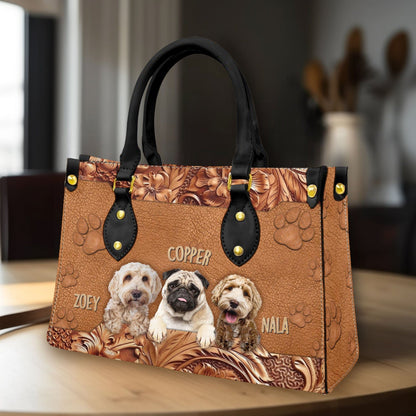 Custom Leather HandBag With Pet Photo | Gift For Pet Mom | Wood & Paw Drawing Style Brown Color