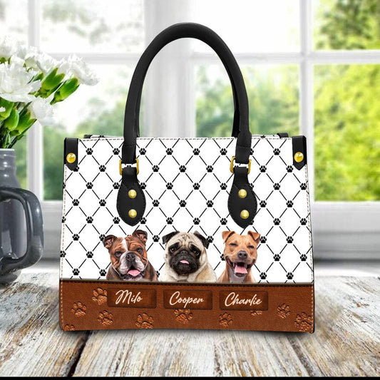 Custom Leather HandBag With Pet Photo | Gift For Pet Mom | Paw Pattern With Style White & Brown Color