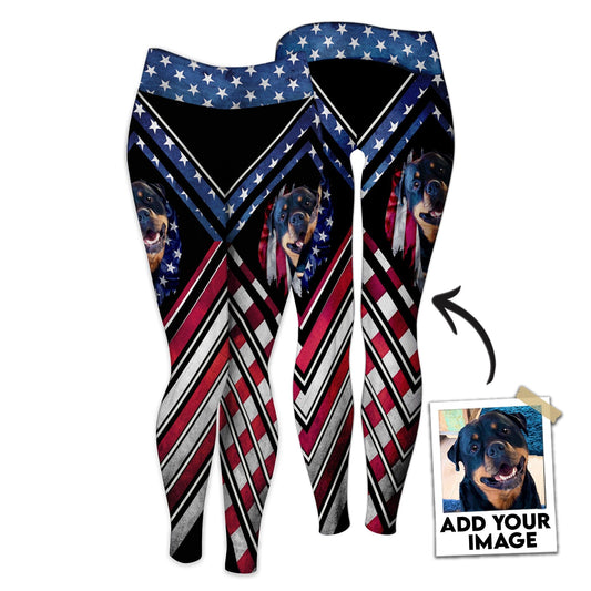 Custom Legging With Pet Photo | American Flag With Pet Face Pattern Black Color