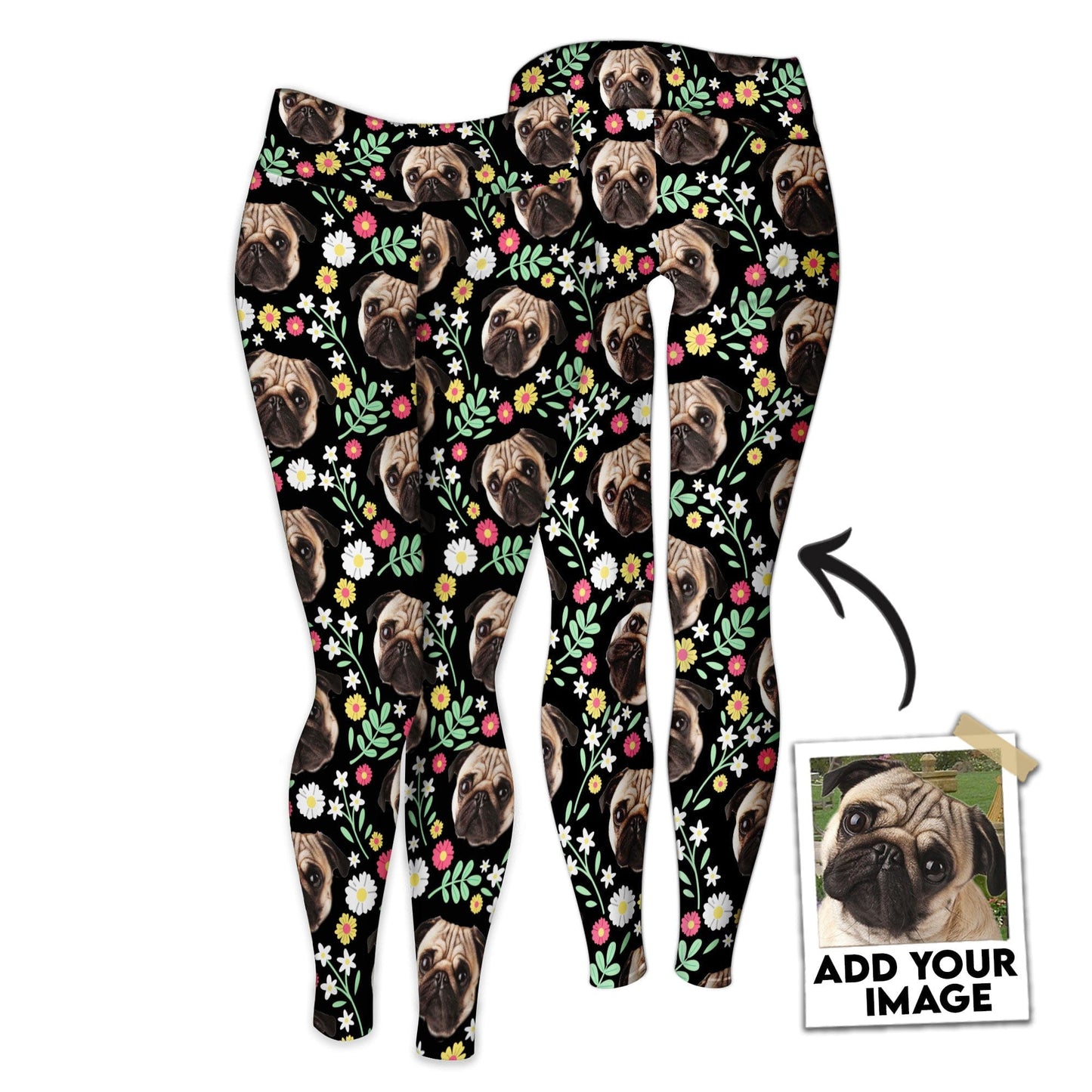 Custom Legging With Pet Photo | Floral BackGround Seamless Pattern Black Color