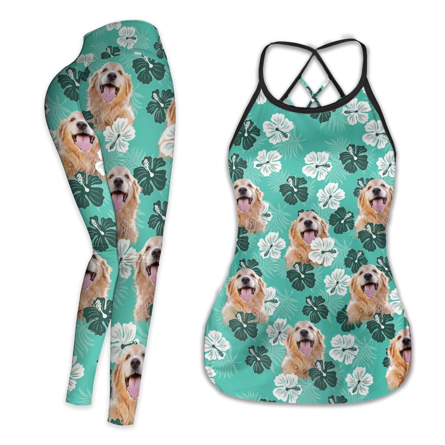 Custom Legging With Pet Photo | Hibiscus Flowers Summer Duo Tone Pattern Mint Color