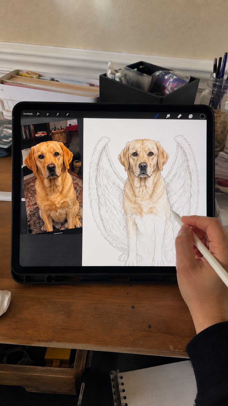 Artist hand drawing custom pet portrait