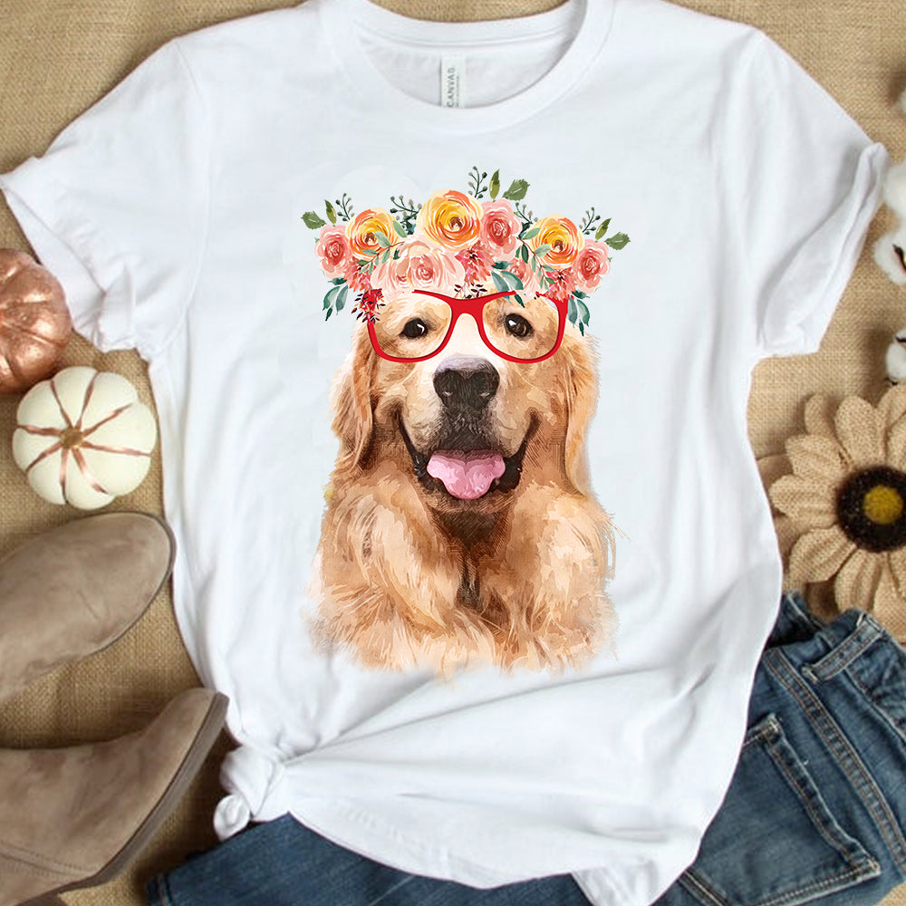 T-shirt personnalisé avec visage d’animal de compagnie | Cadeau personnalisé pour les amoureux des chiens et des chats | Aquarelle Floral Pet Apparel T-shirt unisexe