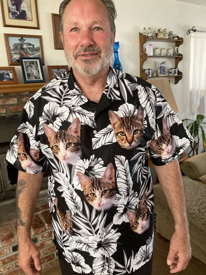 Custom Hawaiian Shirt For Cat Lovers | Personalized Kitty Lovers Gift | Flowers Pattern Black Color Aloha Shirt