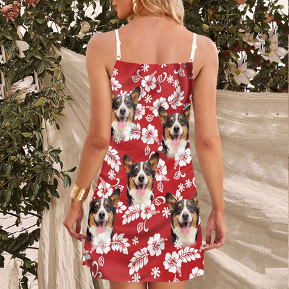 Custom Leaves & Flowers Pattern Cami Dress Personalized Gift For Dog Mom (Red Color)