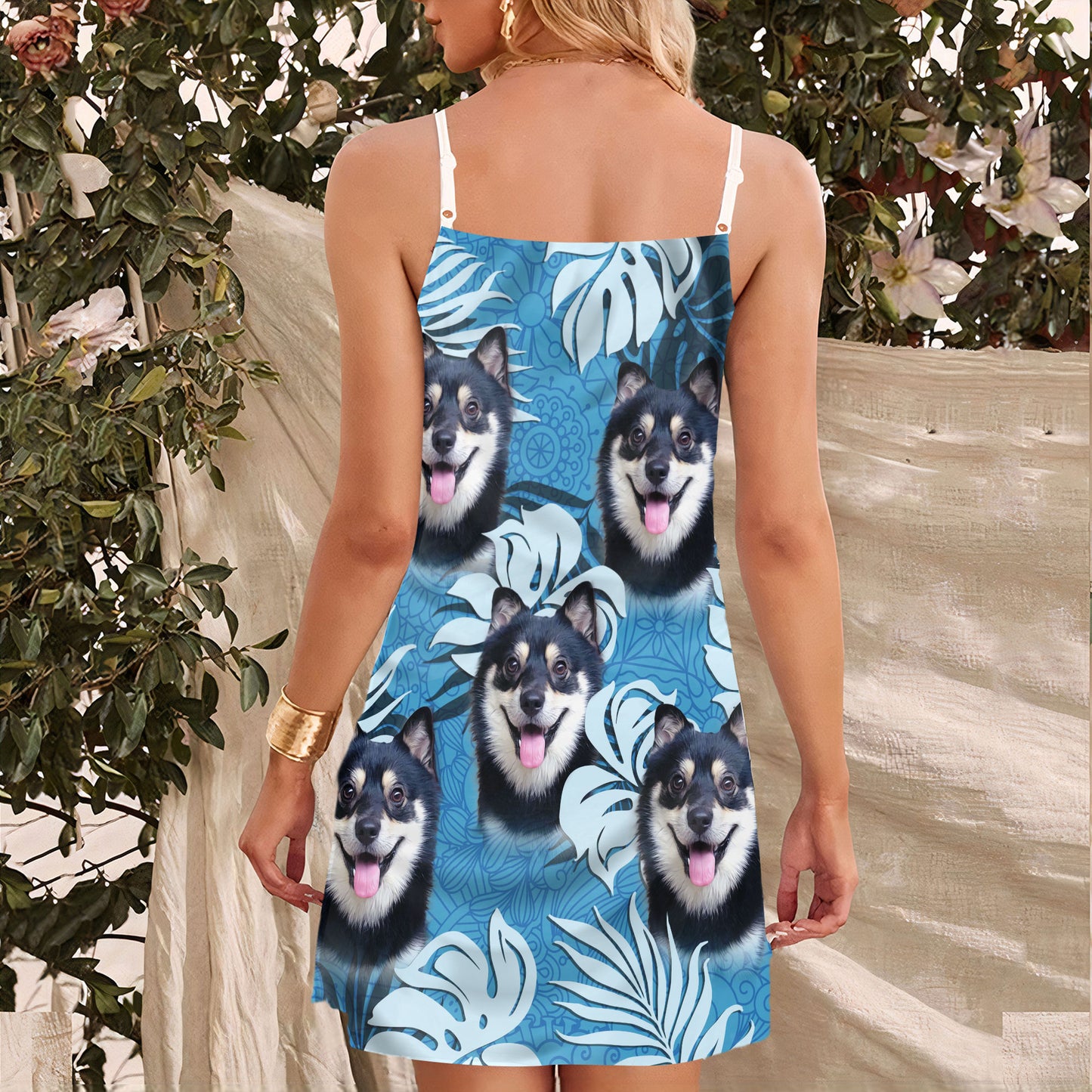 Custom Leaves Pattern Cami Dress Personalized Gift For Dog Mom (Sea Blue Color)