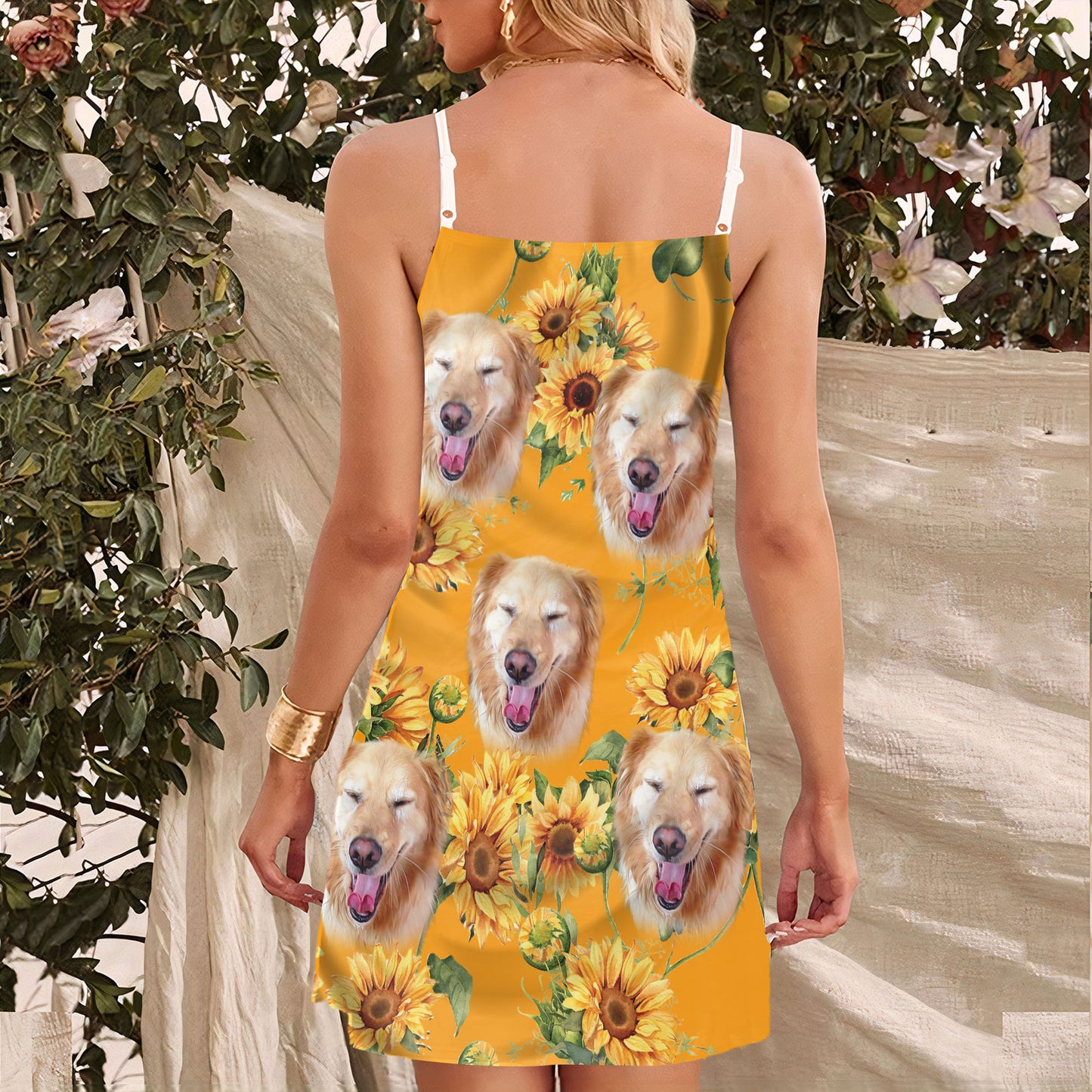 Custom Sunflower & Yellow Pattern Cami Dress Personalized Gift For Dog Mom