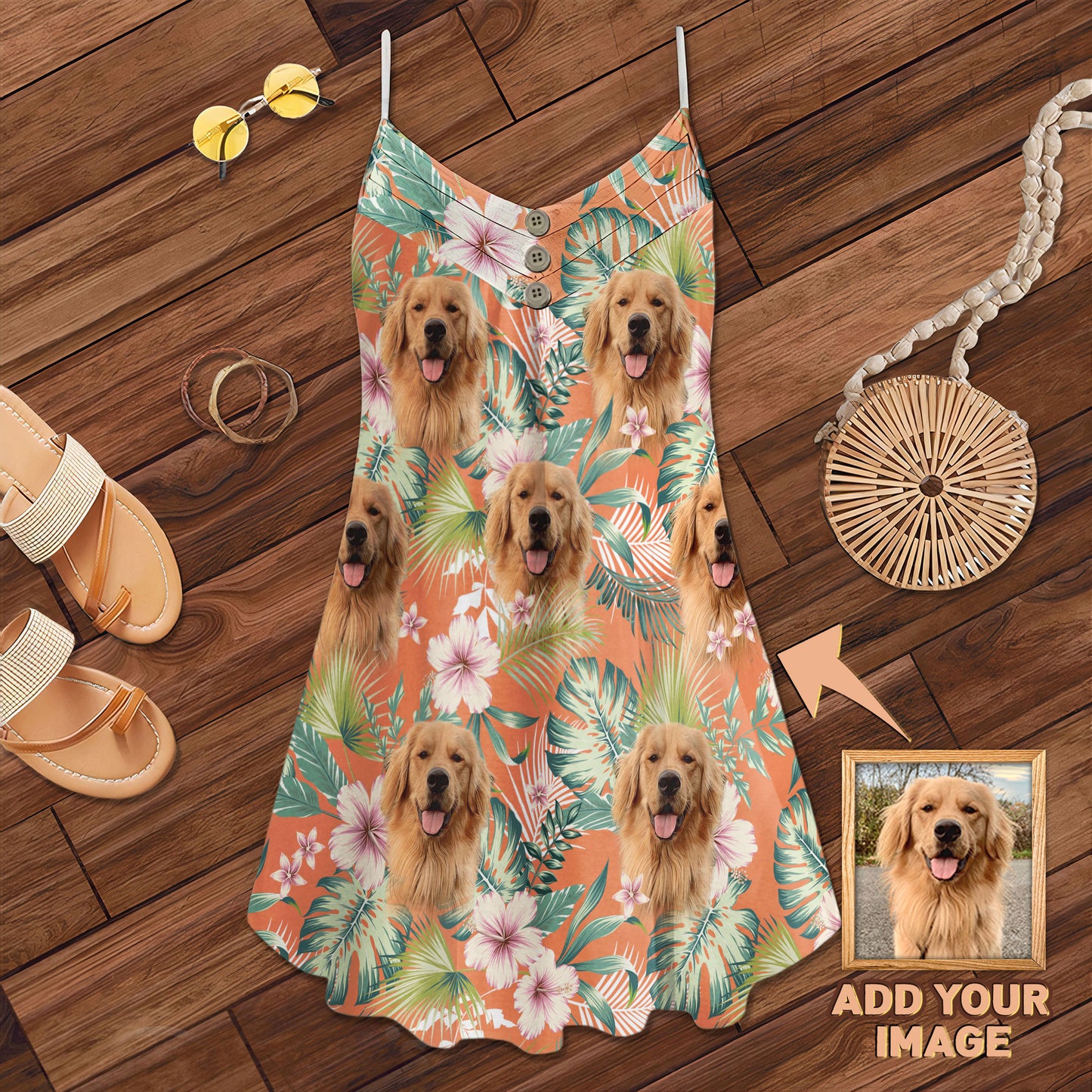 Custom Leaves & Flower Pattern Cami Dress Personalized Gift For Dog Mom (Carrot Color)