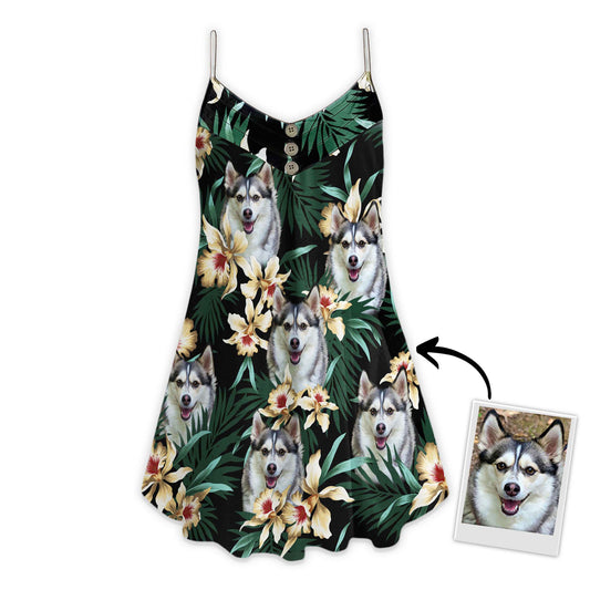 Custom Leaves & Flower Pattern Cami Dress Personalized Gift For Dog Mom (Dark Green Color)