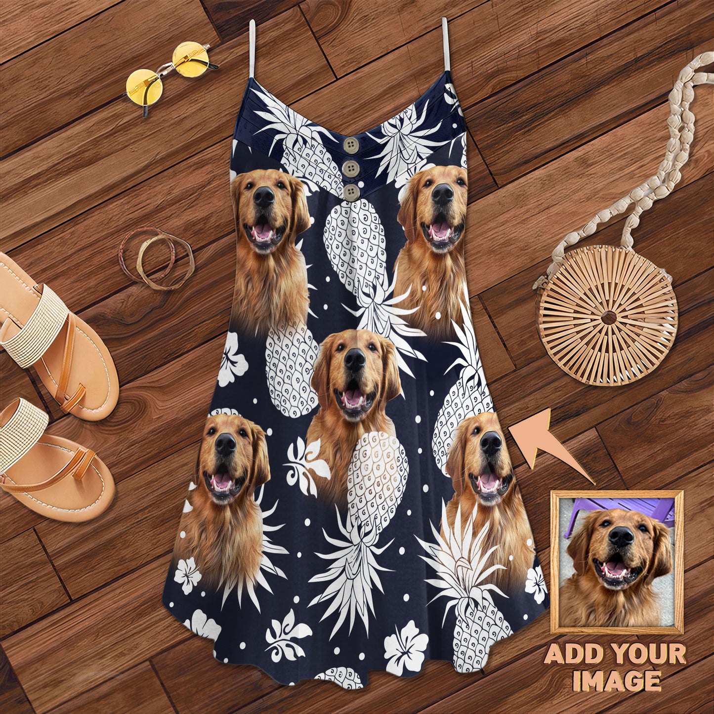 Custom Pineapple Pattern Cami Dress Personalized Gift For Dog Mom (Dark Navy Color)