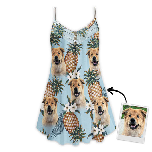 Custom Pineapple Pattern Cami Dress Personalized Gift For Dog Mom (Light Blue Color)