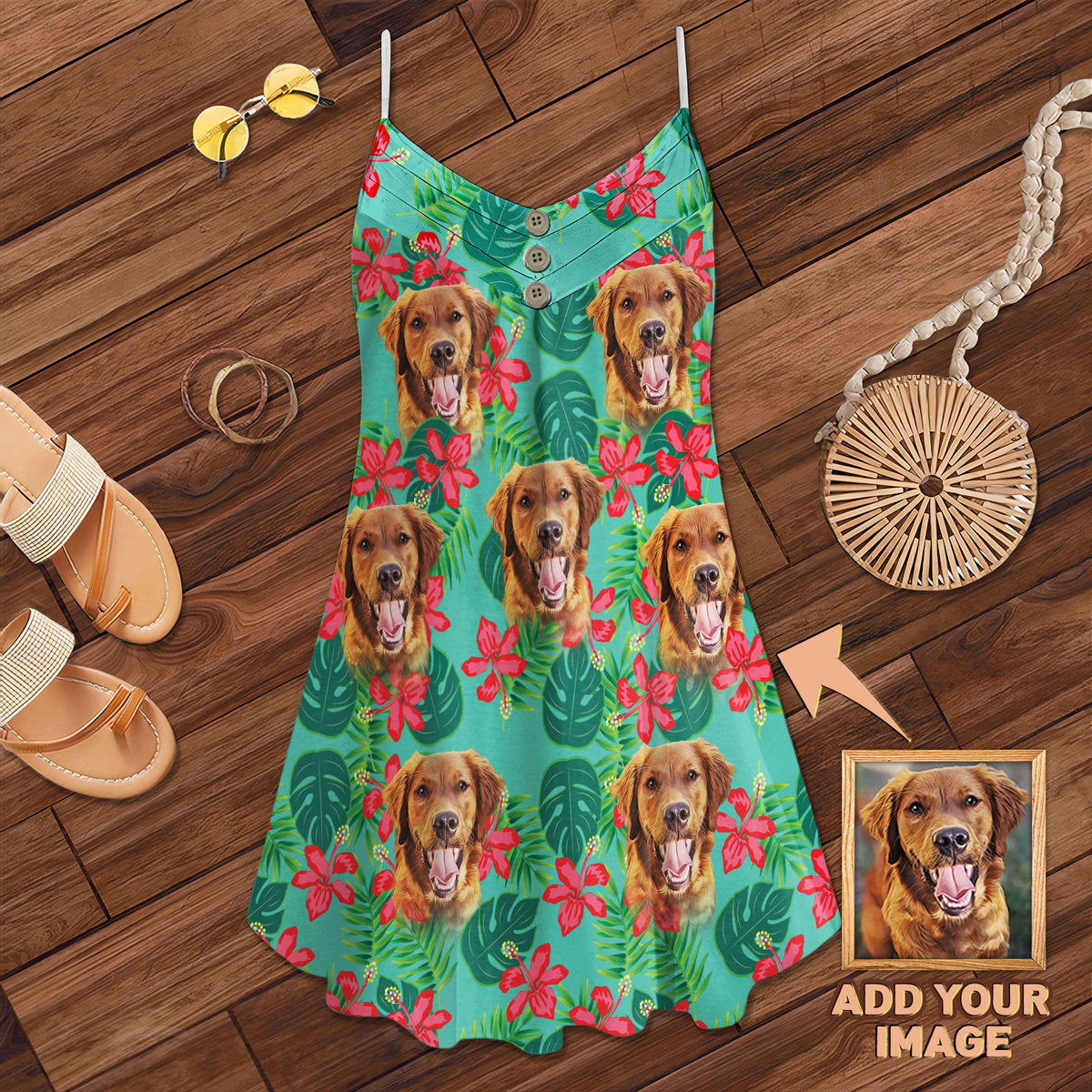 Custom Leaves & Flowers Pattern Cami Dress Personalized Gift For Dog Mom (Mint Color)