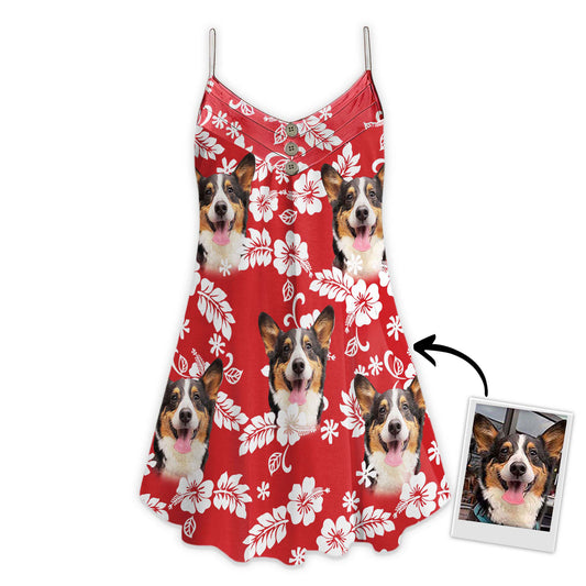 Custom Leaves & Flowers Pattern Cami Dress Personalized Gift For Dog Mom (Red Color)