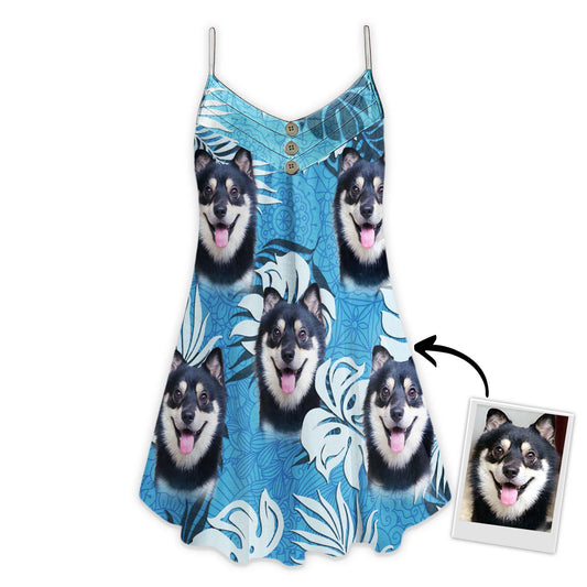 Custom Leaves Pattern Cami Dress Personalized Gift For Dog Mom (Sea Blue Color)