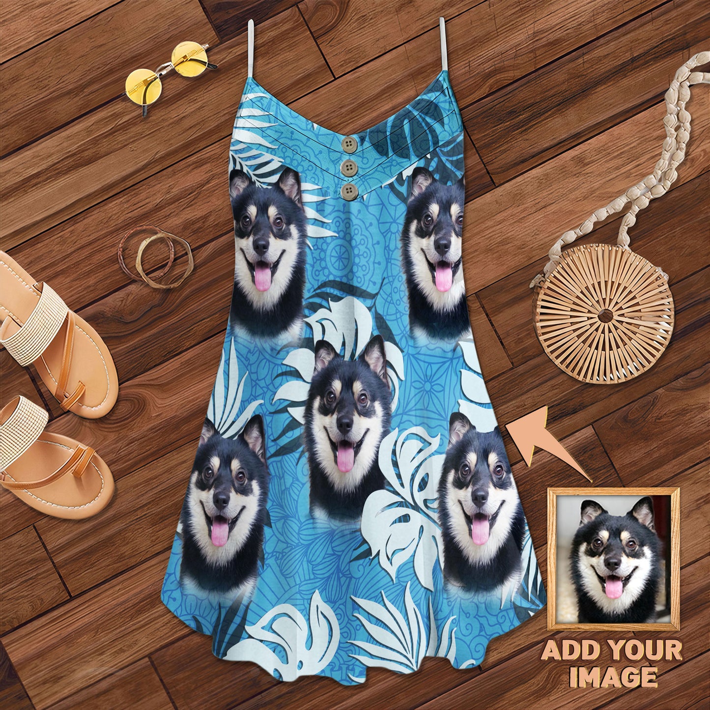 Custom Leaves Pattern Cami Dress Personalized Gift For Dog Mom (Sea Blue Color)