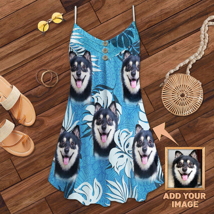 Custom Leaves Pattern Cami Dress Personalized Gift For Dog Mom (Sea Blue Color)