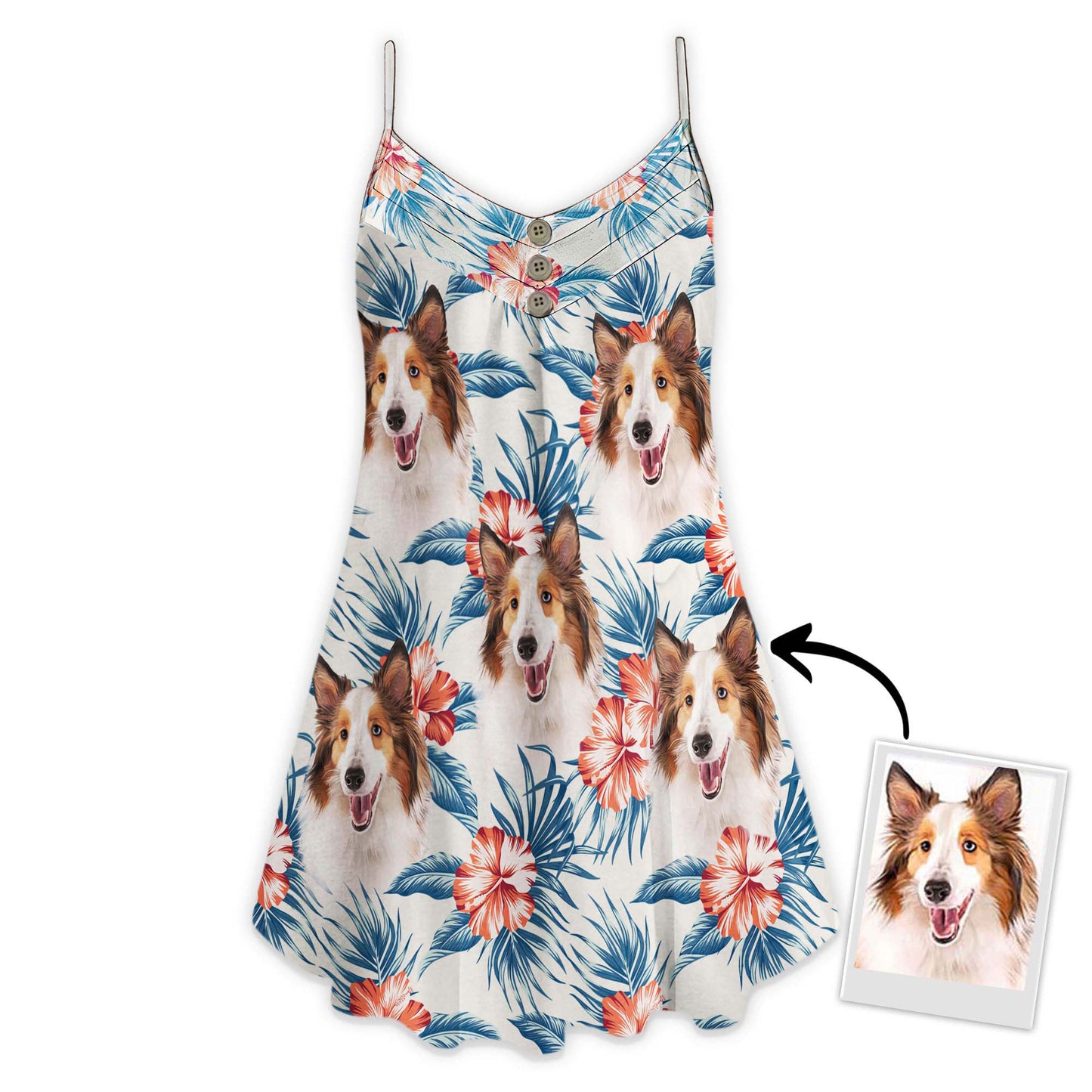 Custom Leaves & Flowers Pattern Cami Dress Personalized Gift For Dog Mom (White Color)