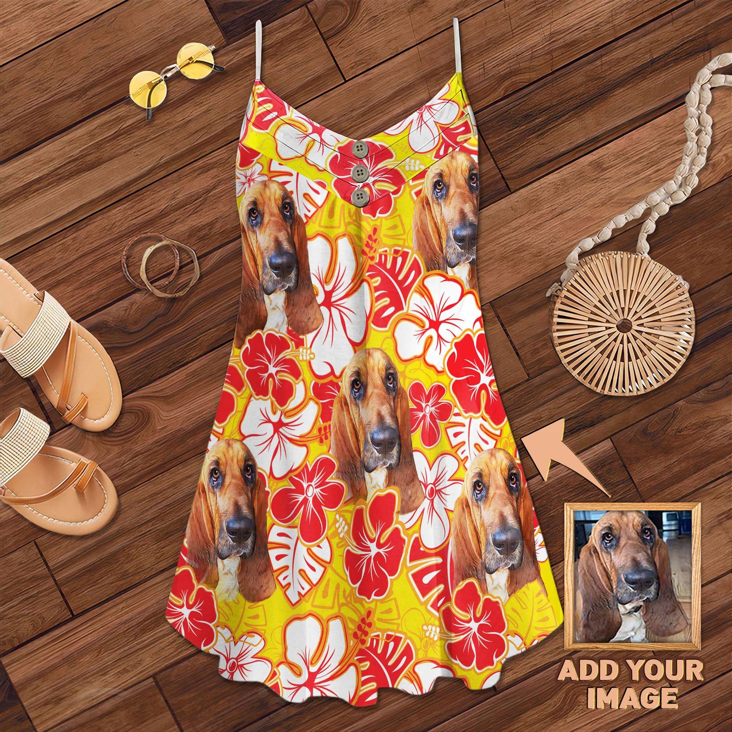 Robe camisole personnalisée à motif de feuilles et de fleurs, cadeau personnalisé pour maman de chien (couleur jaune)