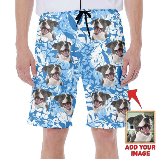 Short hawaïen personnalisé avec visage de chien | Cadeau personnalisé pour les amateurs de chiots | Short Aloha à motif de feuilles et de fleurs de couleur bleue